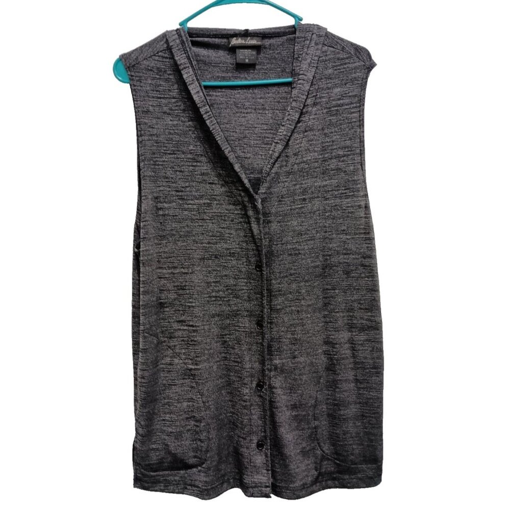Barbara Lesser Cardigan Womens Medium Gray Slinky Sleeveless Hooded Minimalist